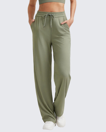 Pantalones casuales de punto acanalado de tiro alto con cordón