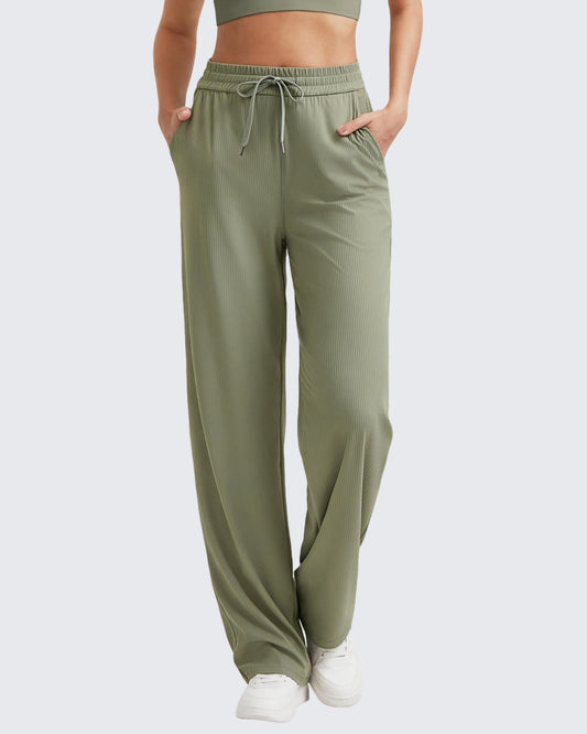 Pantalones casuales de punto acanalado de tiro alto con cordón