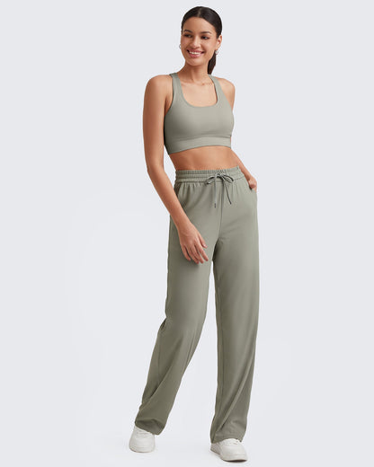 Pantalones casuales de punto acanalado de tiro alto con cordón