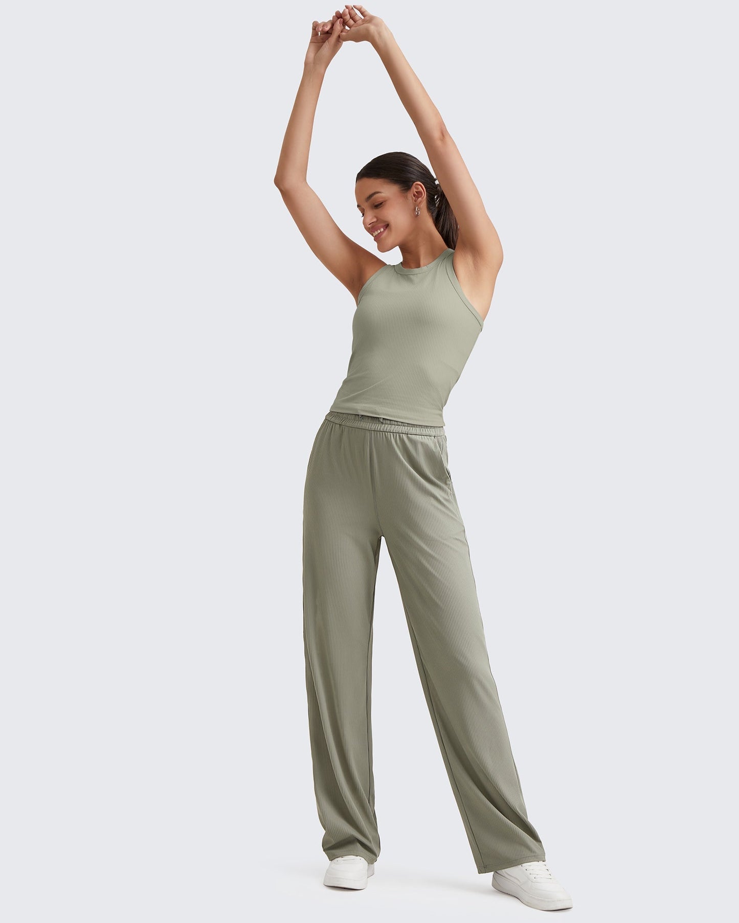 Pantalones casuales de punto acanalado de tiro alto con cordón
