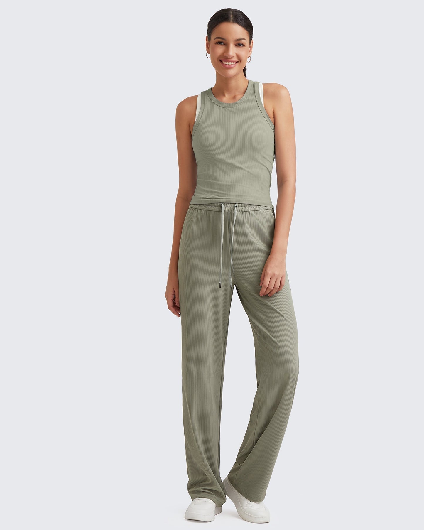 Pantalones casuales de punto acanalado de tiro alto con cordón