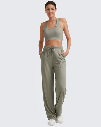 Pantalones casuales de punto acanalado de tiro alto con cordón