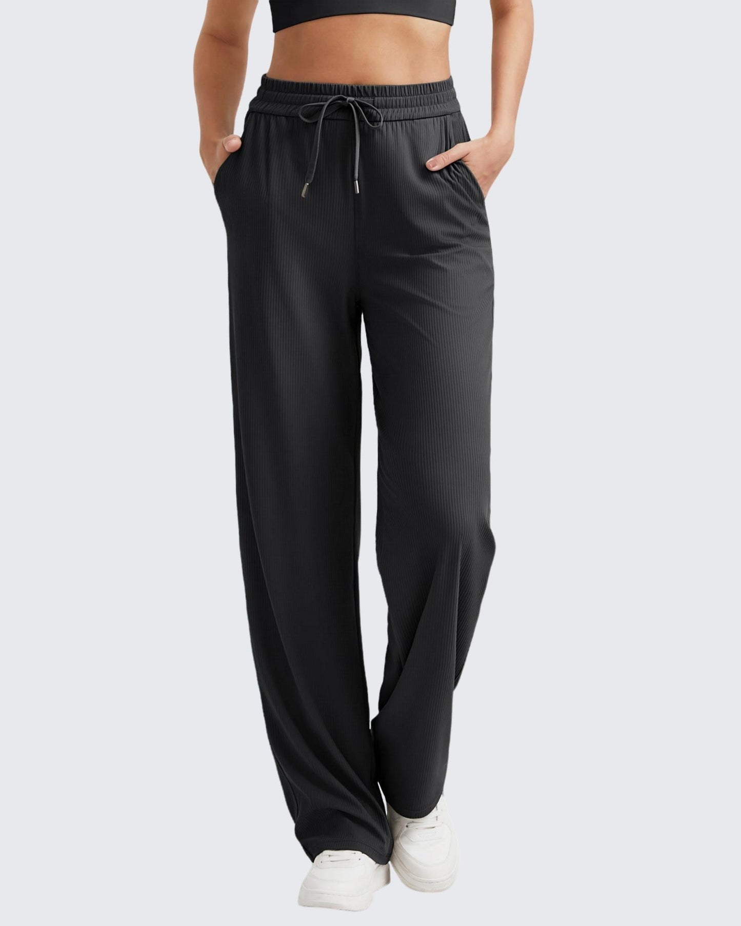 Pantalones casuales de punto acanalado de tiro alto con cordón