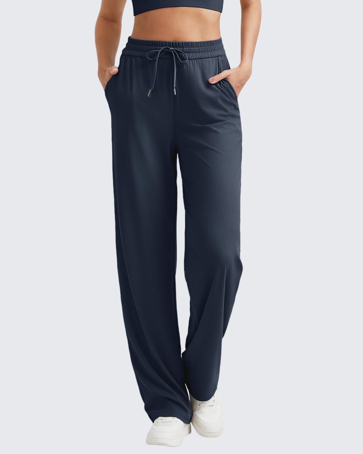 Pantalones casuales de punto acanalado de tiro alto con cordón