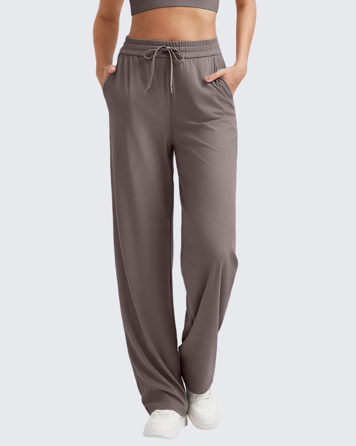 Pantalones casuales de punto acanalado de tiro alto con cordón