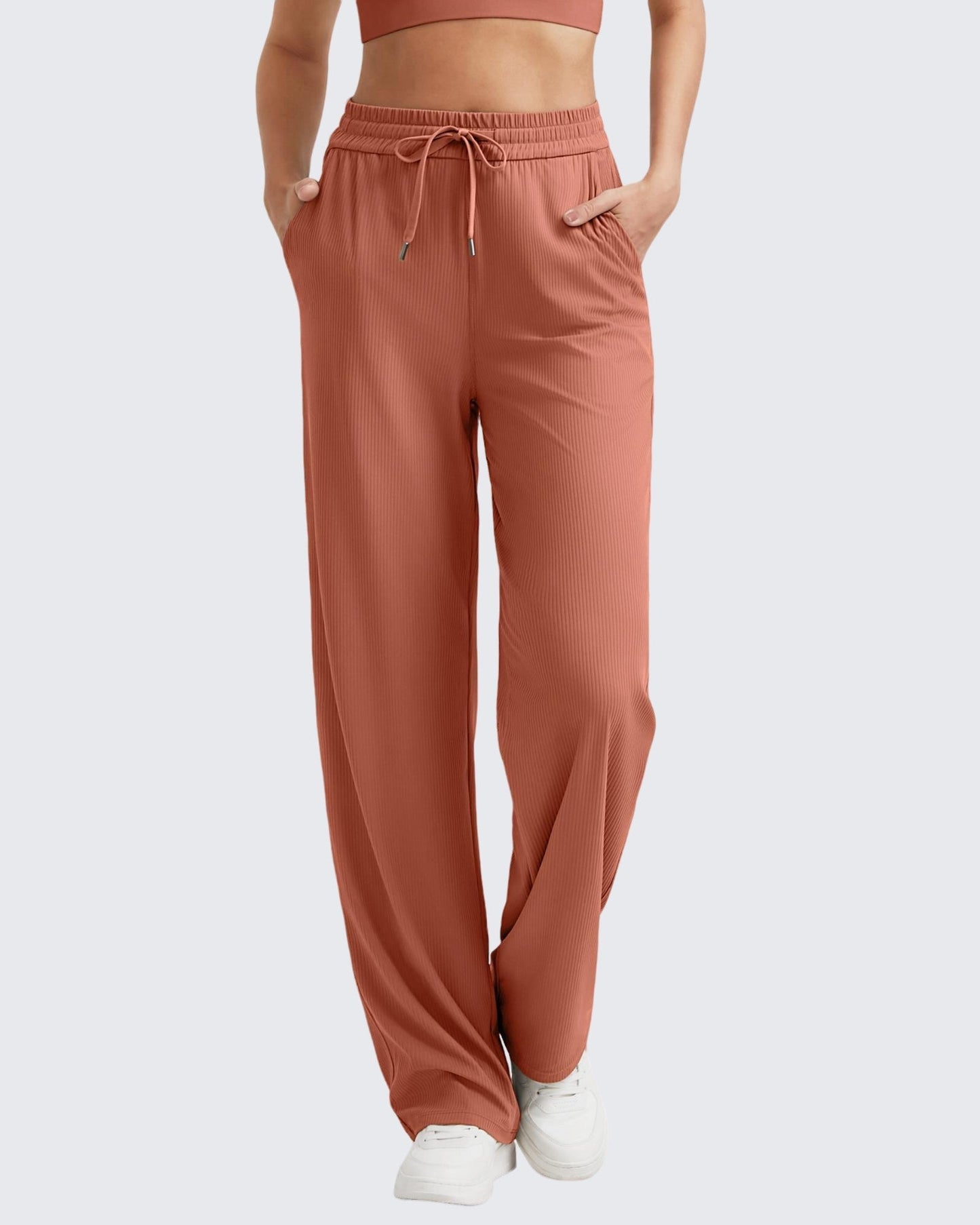 Pantalones casuales de punto acanalado de tiro alto con cordón