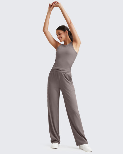 Pantalones de trabajo sin costuras de tiro alto con textura acanalada