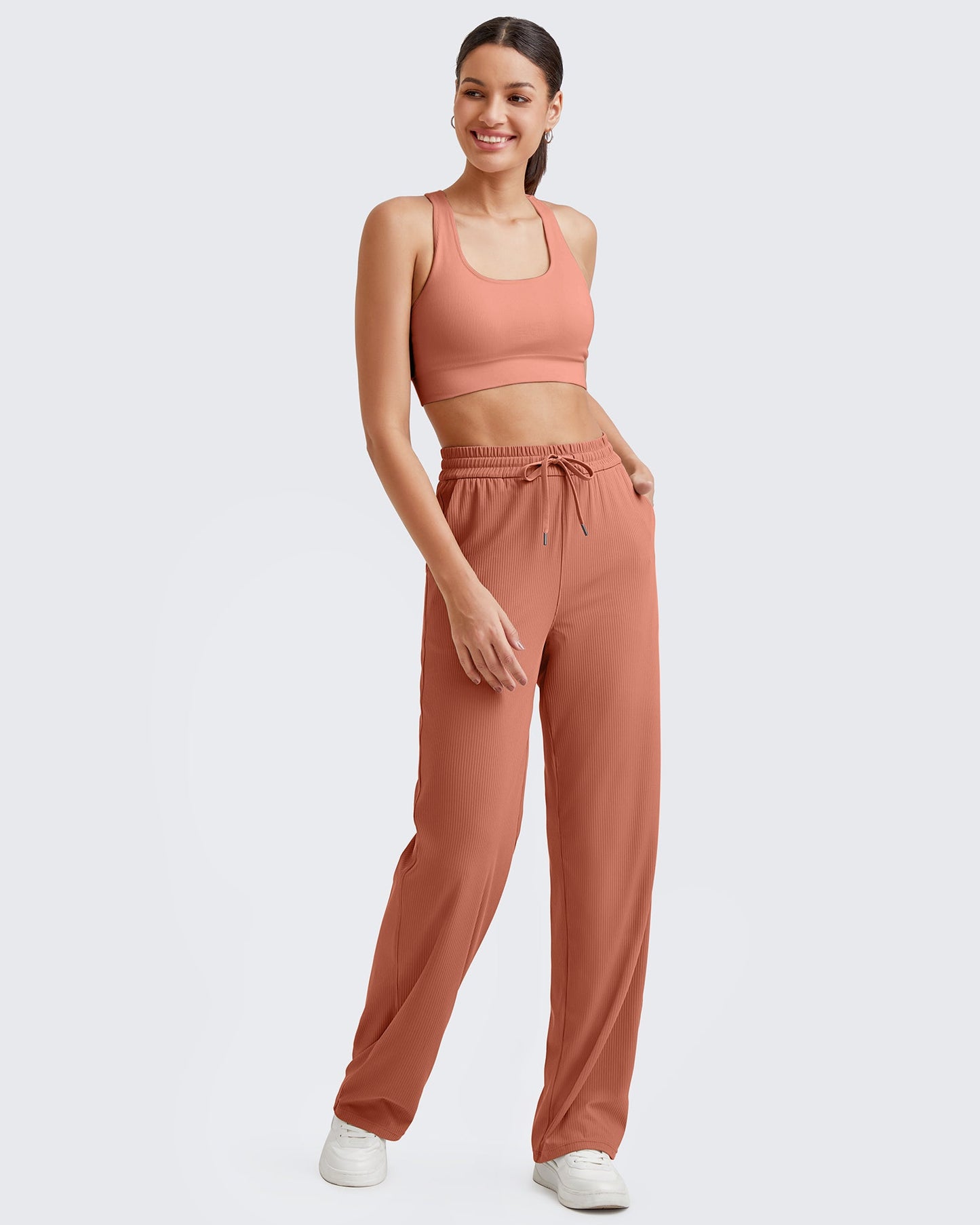 Pantalones de trabajo sin costuras de tiro alto con textura acanalada