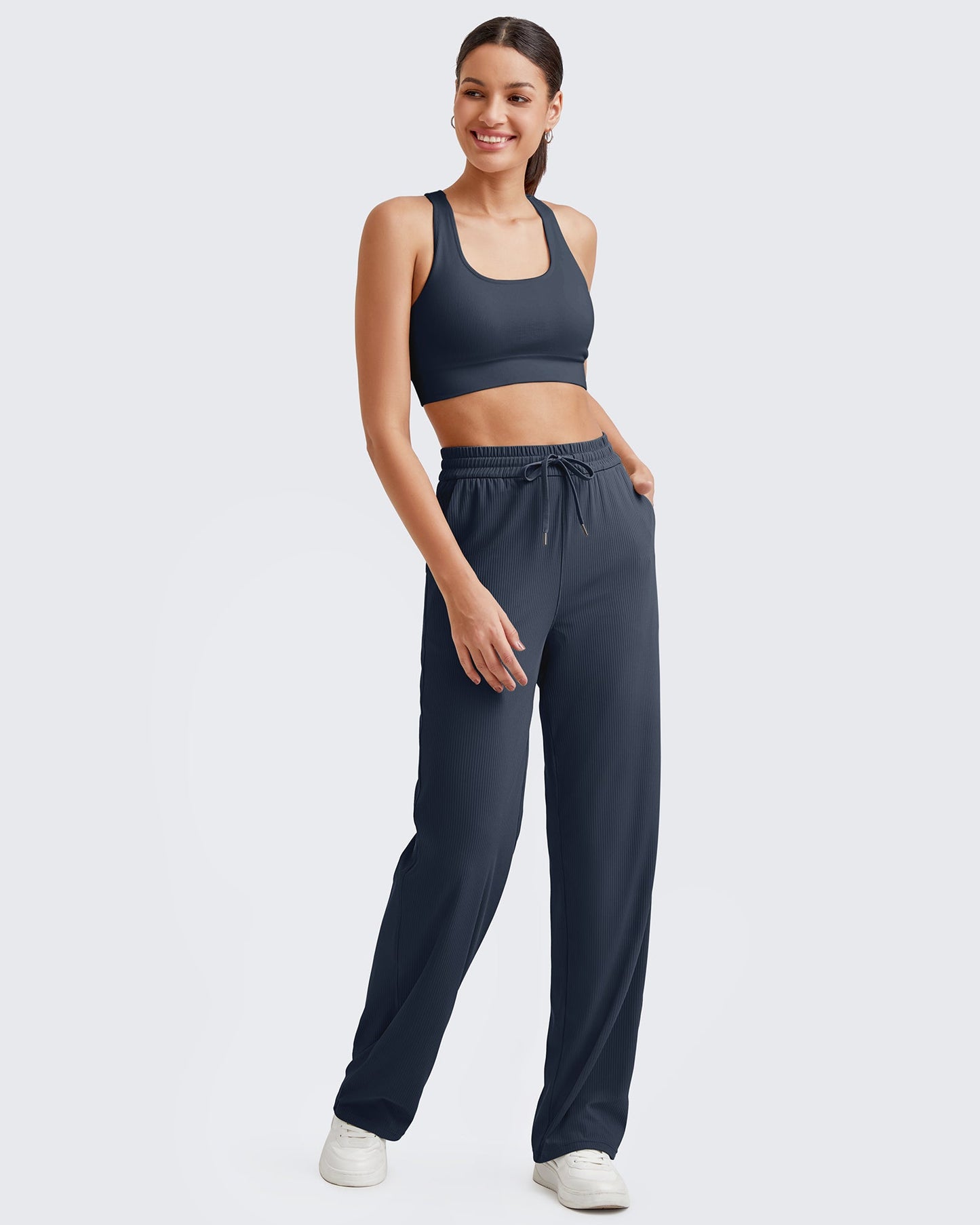 Pantalones de trabajo sin costuras de tiro alto con textura acanalada