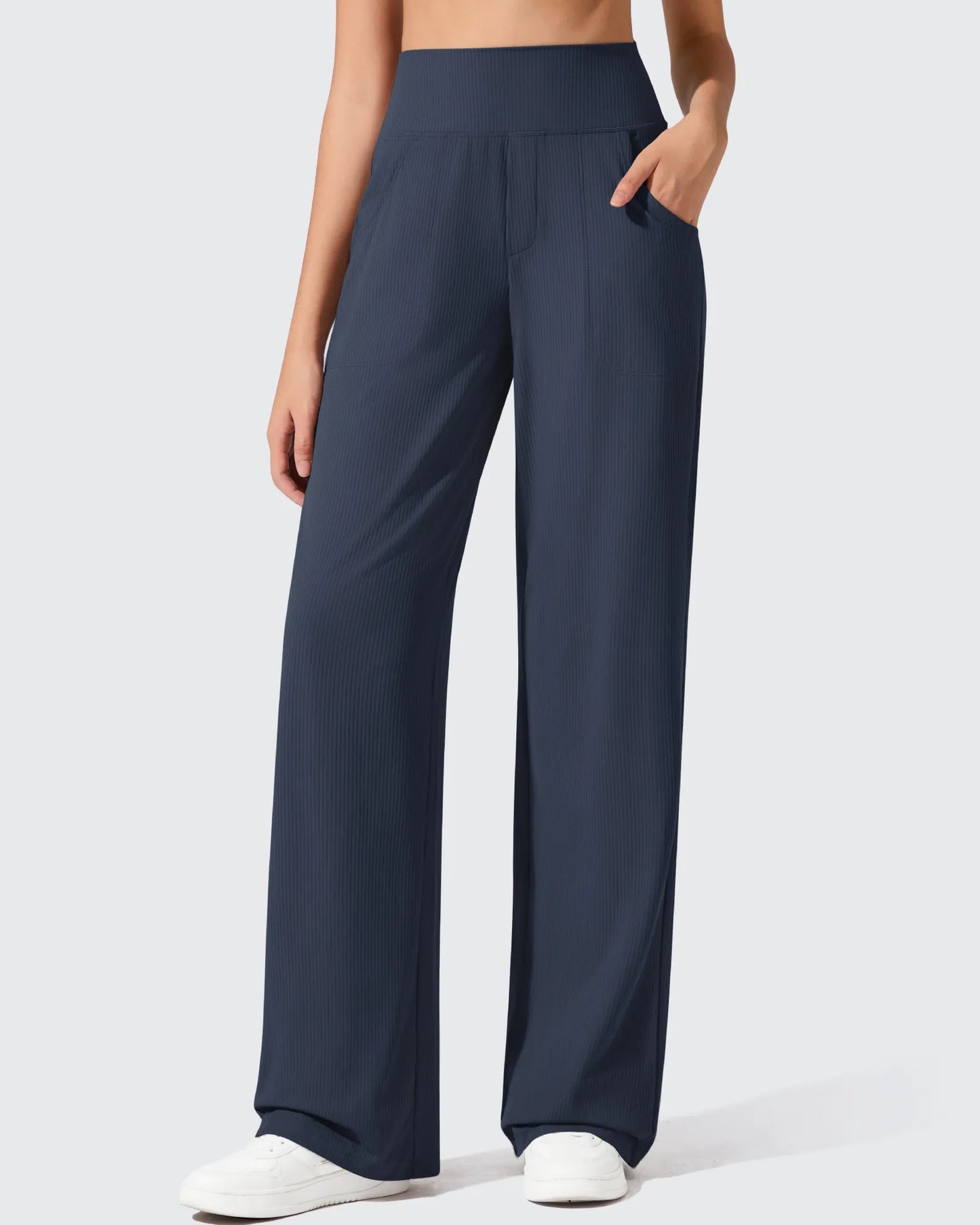 Pantalones de yoga de punto acanalado de cintura alta y pierna ancha