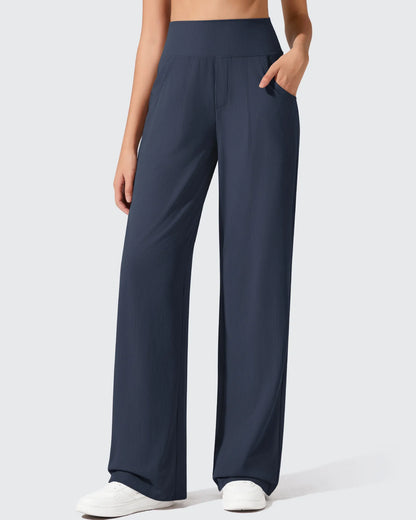 Pantalones de yoga de punto acanalado de cintura alta y pierna ancha