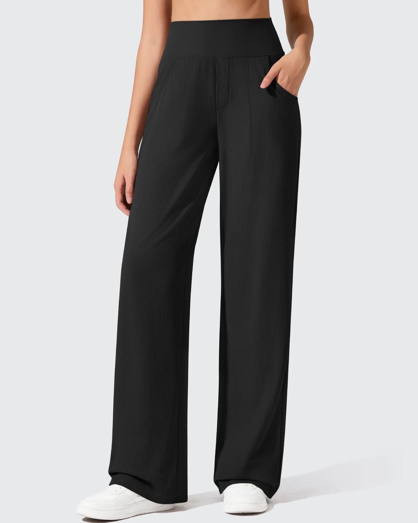 Pantalones de yoga de punto acanalado de cintura alta y pierna ancha