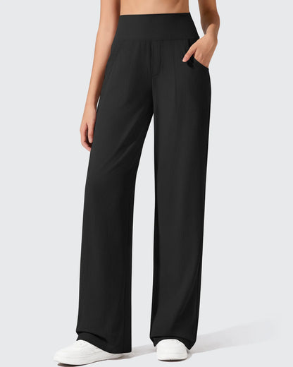 Pantalones de yoga de punto acanalado de cintura alta y pierna ancha