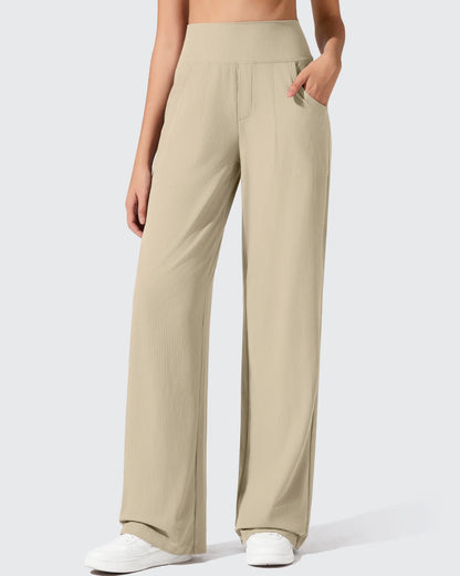 Pantalones de yoga de punto acanalado de cintura alta y pierna ancha