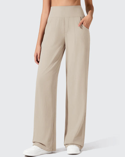 Pantalones de yoga de punto acanalado de cintura alta y pierna ancha
