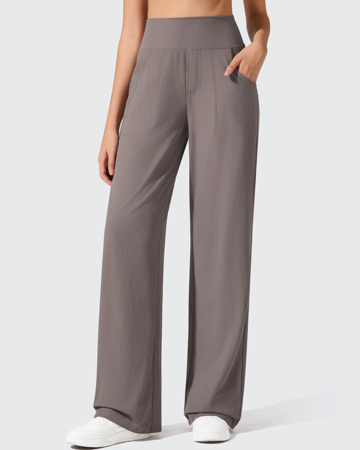 Pantalones de yoga de punto acanalado de cintura alta y pierna ancha