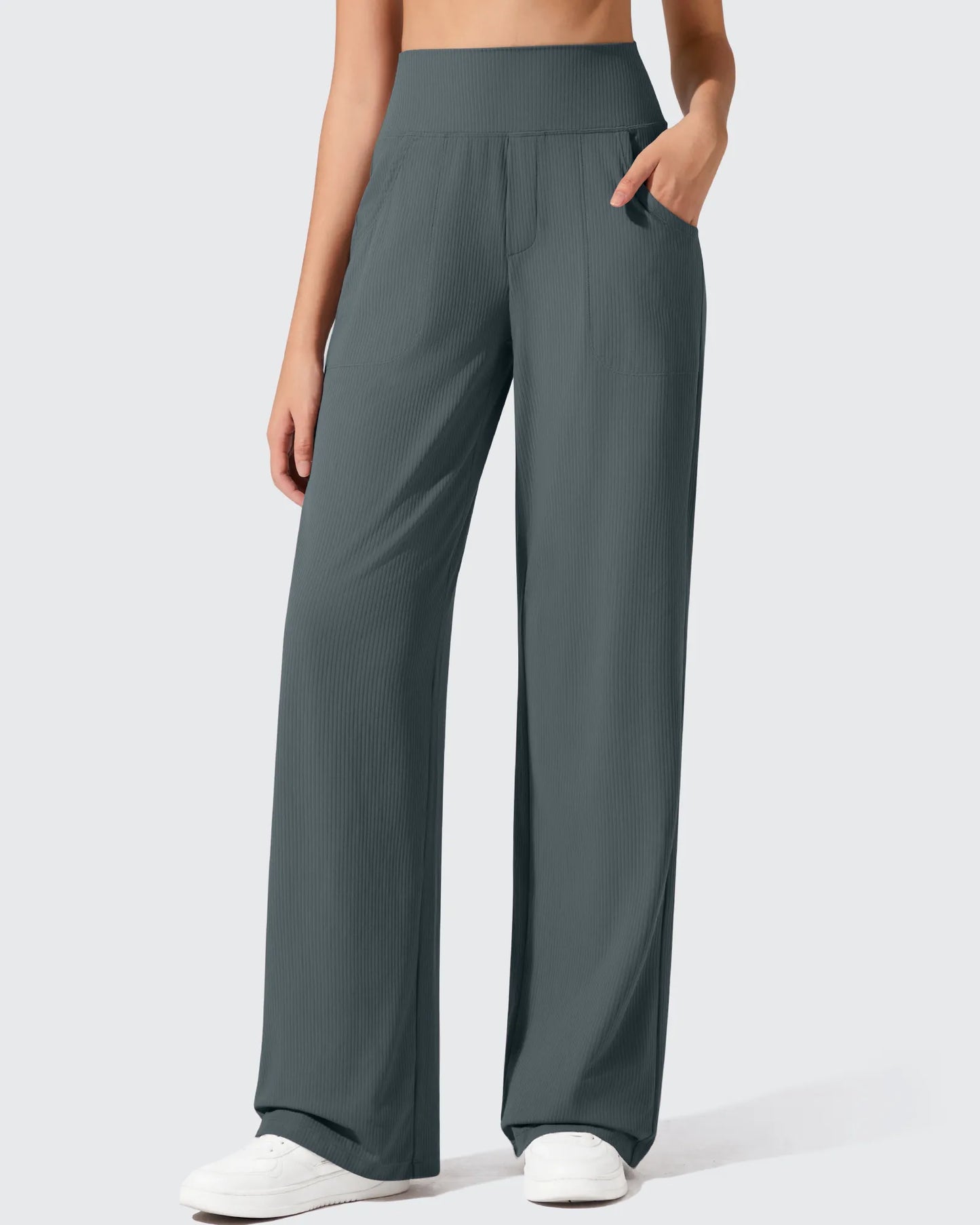 Pantalones de yoga de punto acanalado de cintura alta y pierna ancha