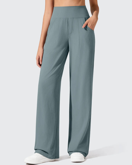 Pantalones de yoga de punto acanalado de cintura alta y pierna ancha