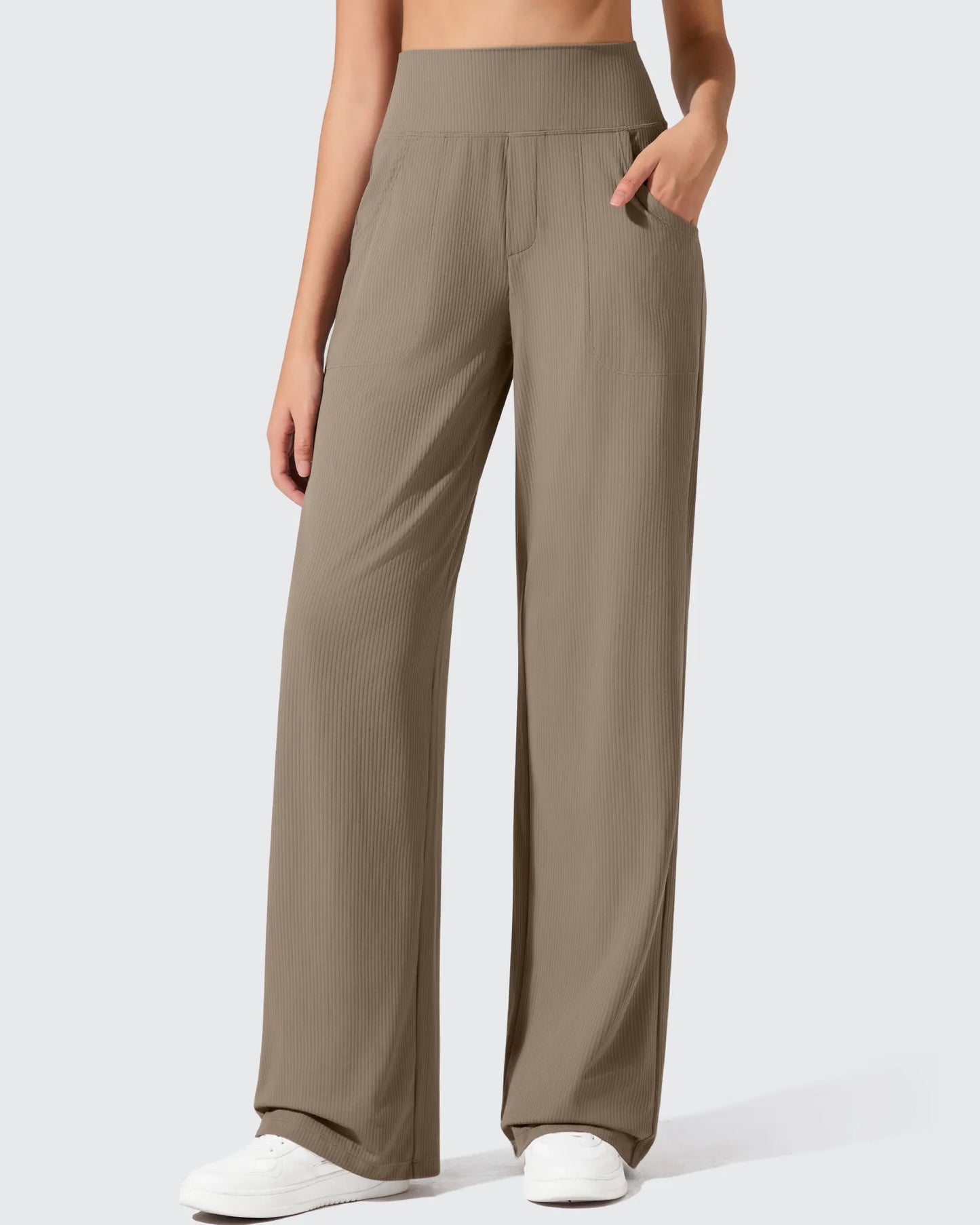 Pantalones de yoga de punto acanalado de cintura alta y pierna ancha