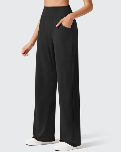 Pantalones de yoga de punto acanalado de cintura alta y pierna ancha