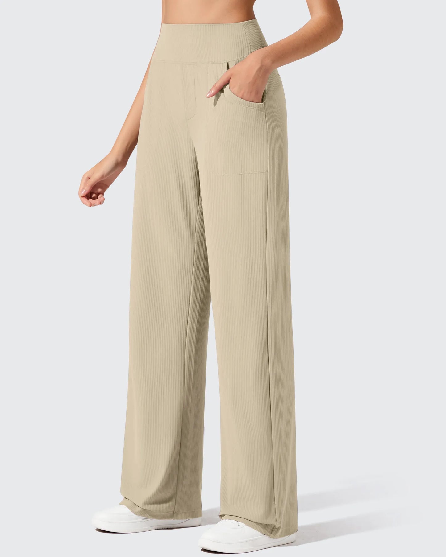 Pantalones de yoga de punto acanalado de cintura alta y pierna ancha