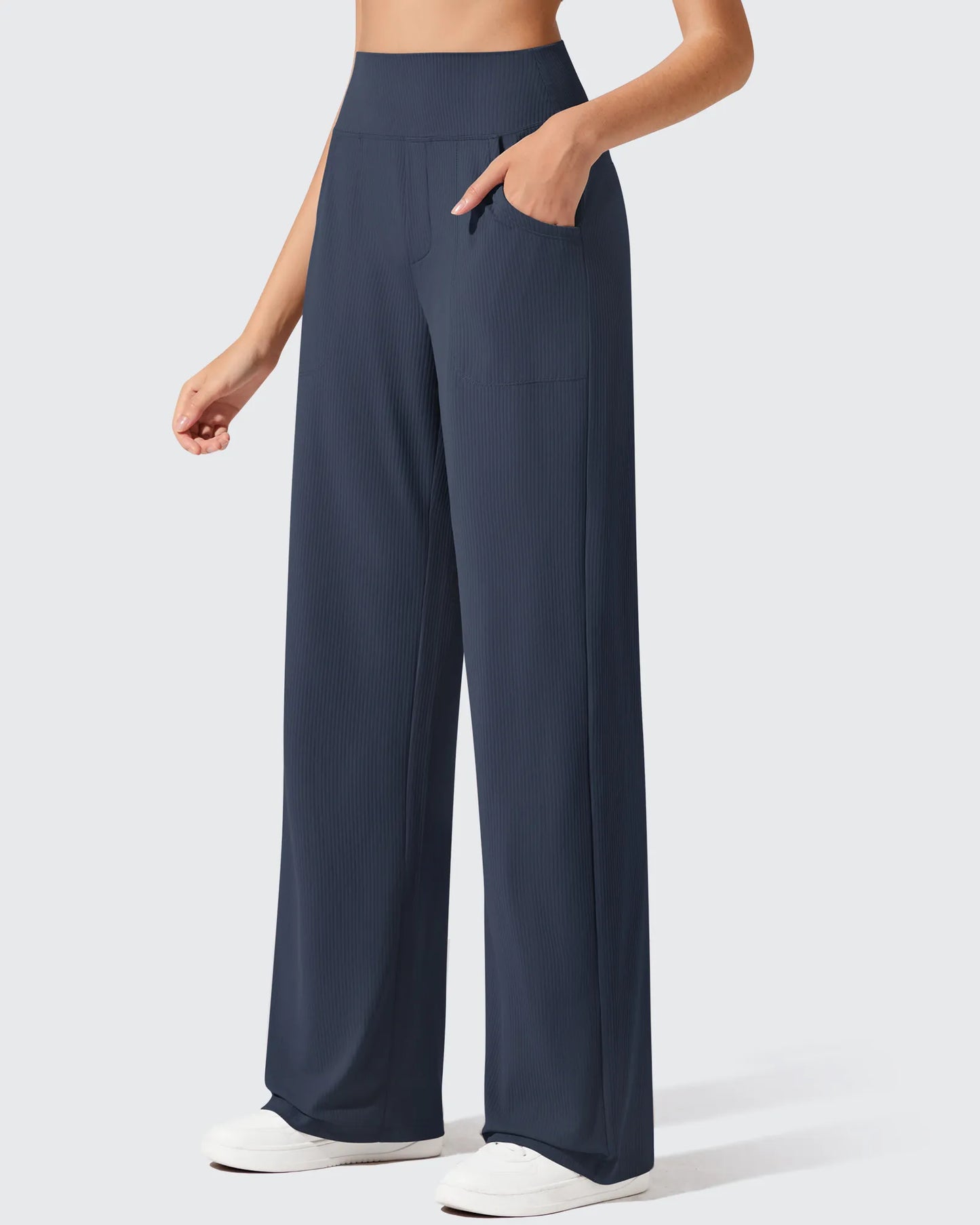 Pantalones de yoga de punto acanalado de cintura alta y pierna ancha