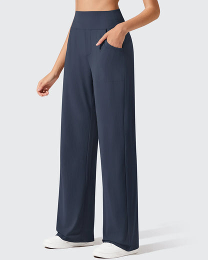 Pantalones de yoga de punto acanalado de cintura alta y pierna ancha
