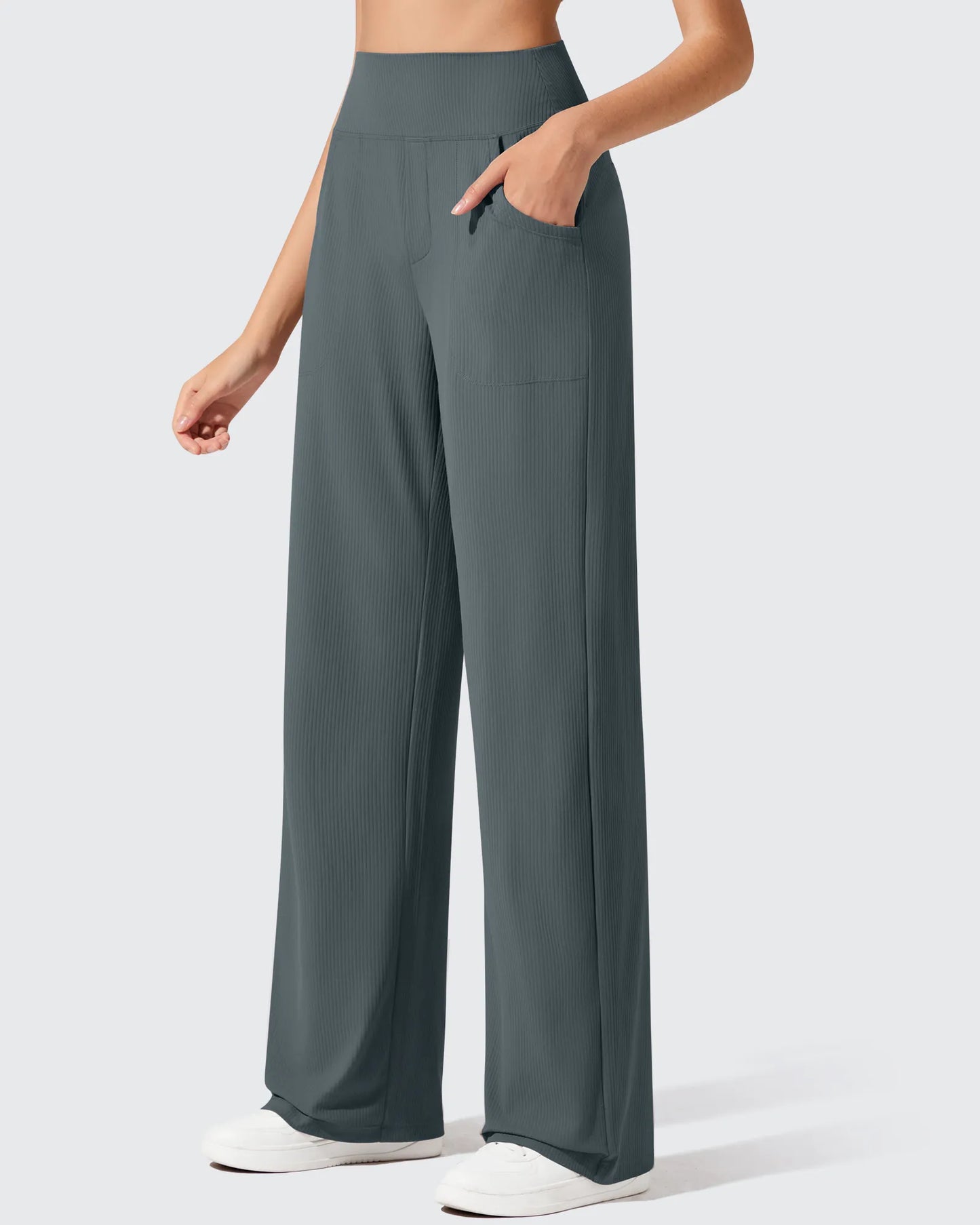 Pantalones de yoga de punto acanalado de cintura alta y pierna ancha