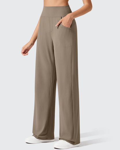 Pantalones de yoga de punto acanalado de cintura alta y pierna ancha