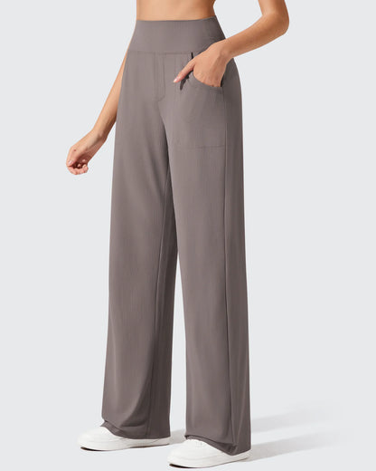 Pantalones de yoga de punto acanalado de cintura alta y pierna ancha