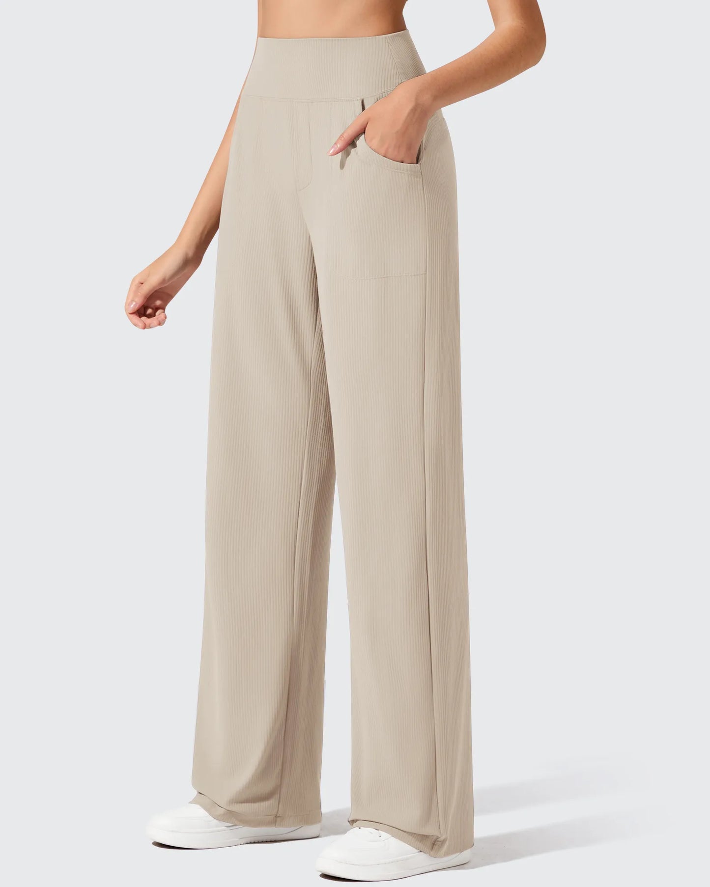 Pantalones de yoga de punto acanalado de cintura alta y pierna ancha