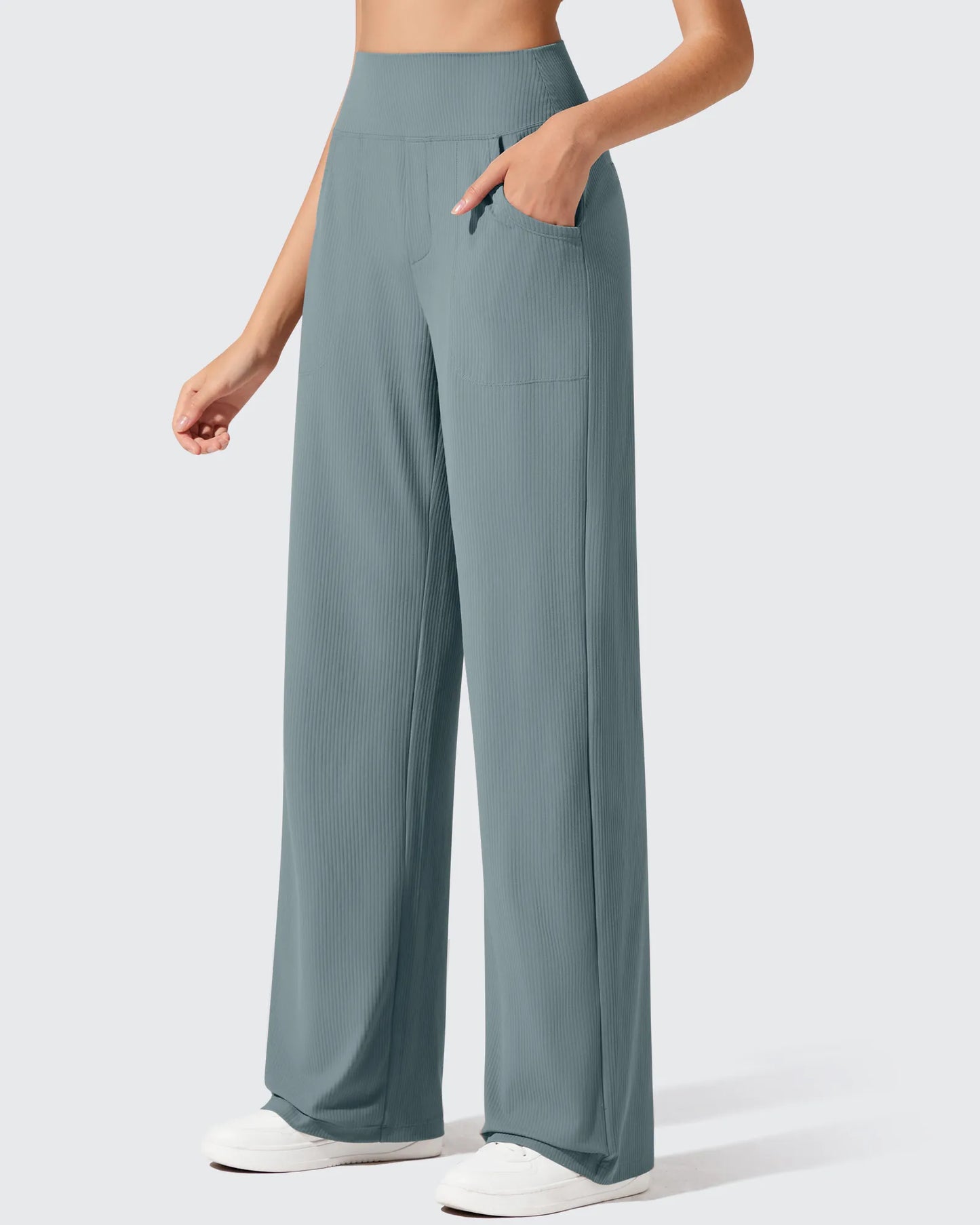 Pantalones de yoga de punto acanalado de cintura alta y pierna ancha