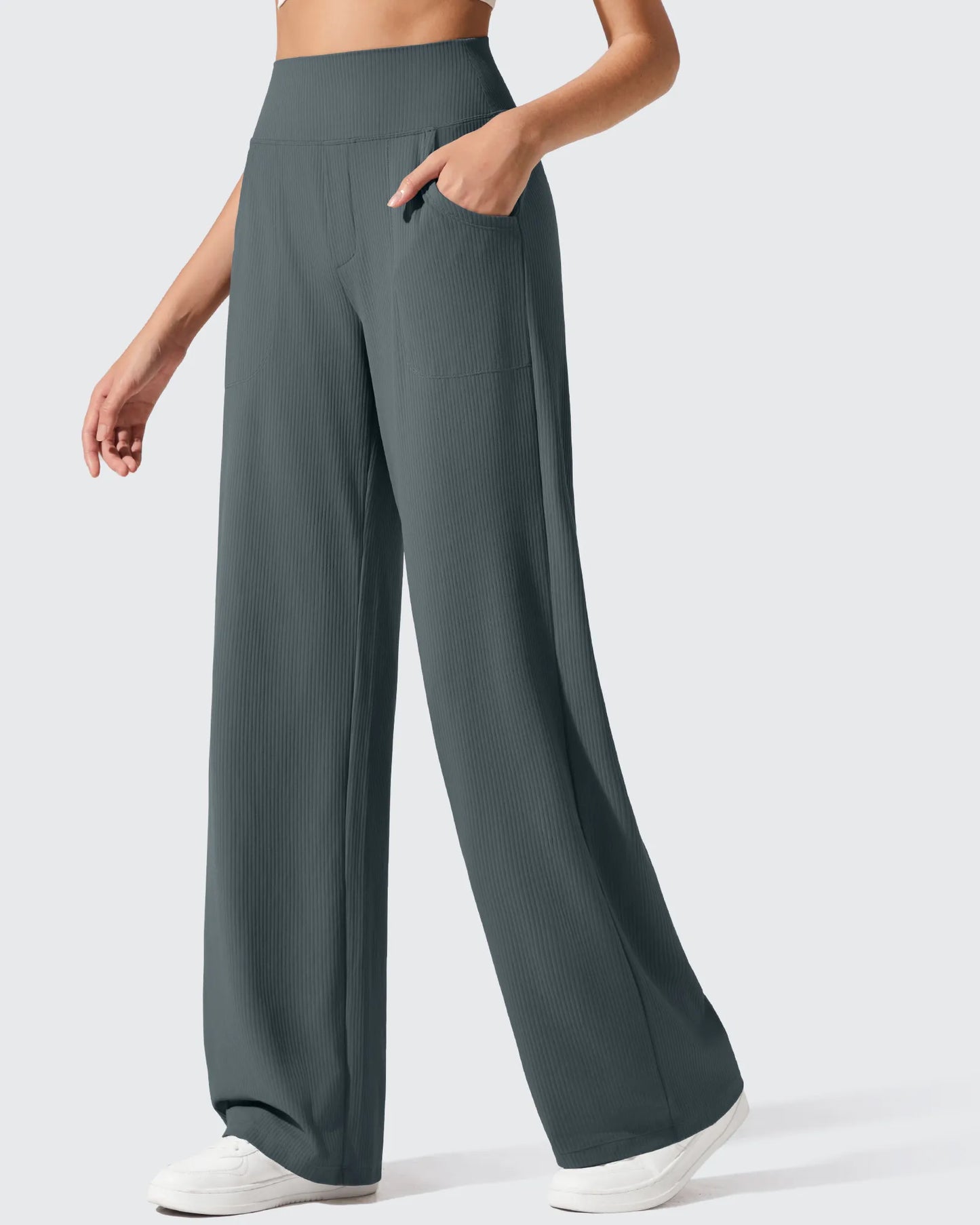 Pantalones de yoga de punto acanalado de cintura alta y pierna ancha