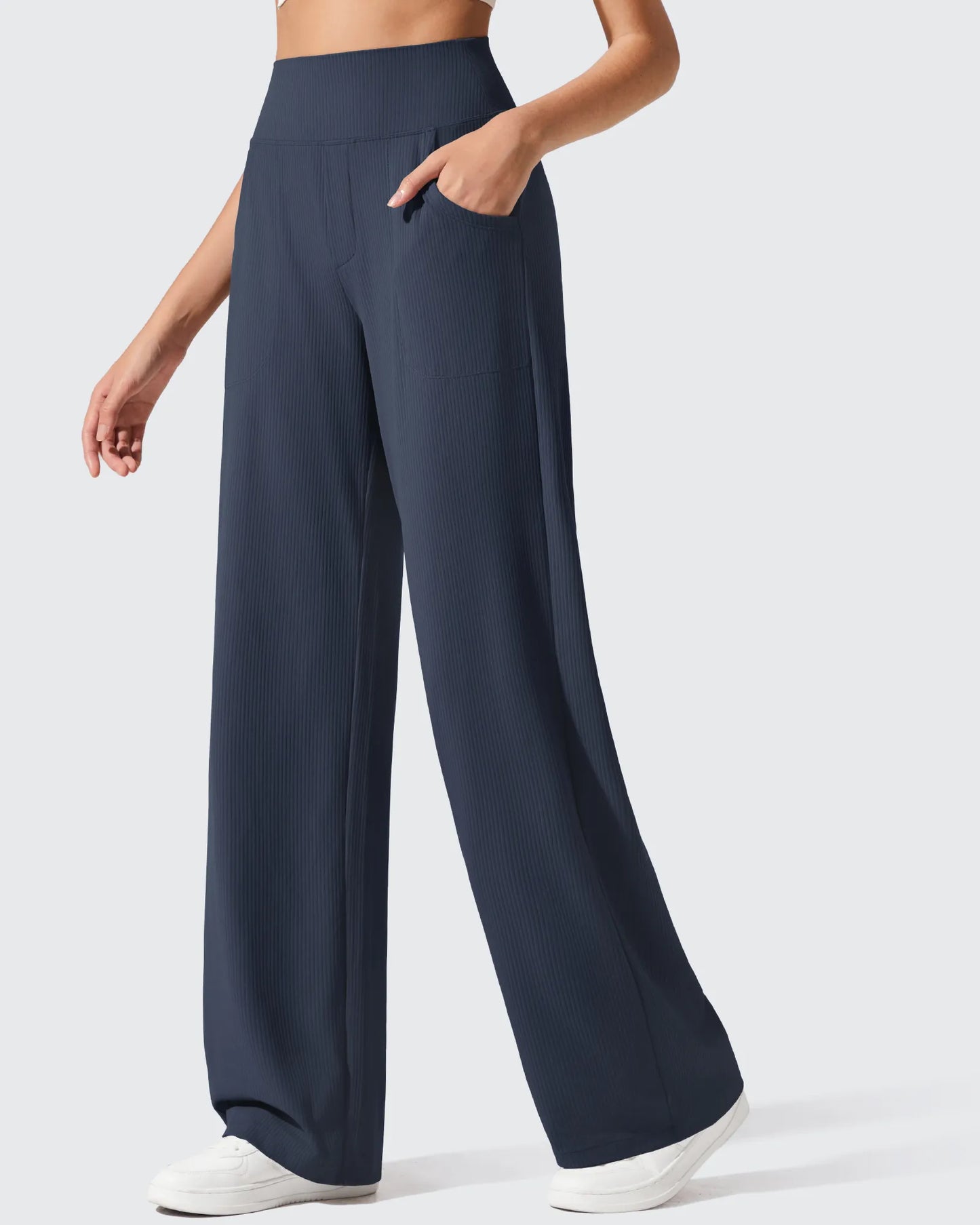 Pantalones de yoga de punto acanalado de cintura alta y pierna ancha