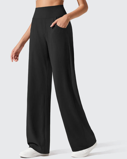 Pantalones de yoga de punto acanalado de cintura alta y pierna ancha