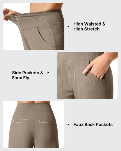 Pantalones de yoga de punto acanalado de cintura alta y pierna ancha