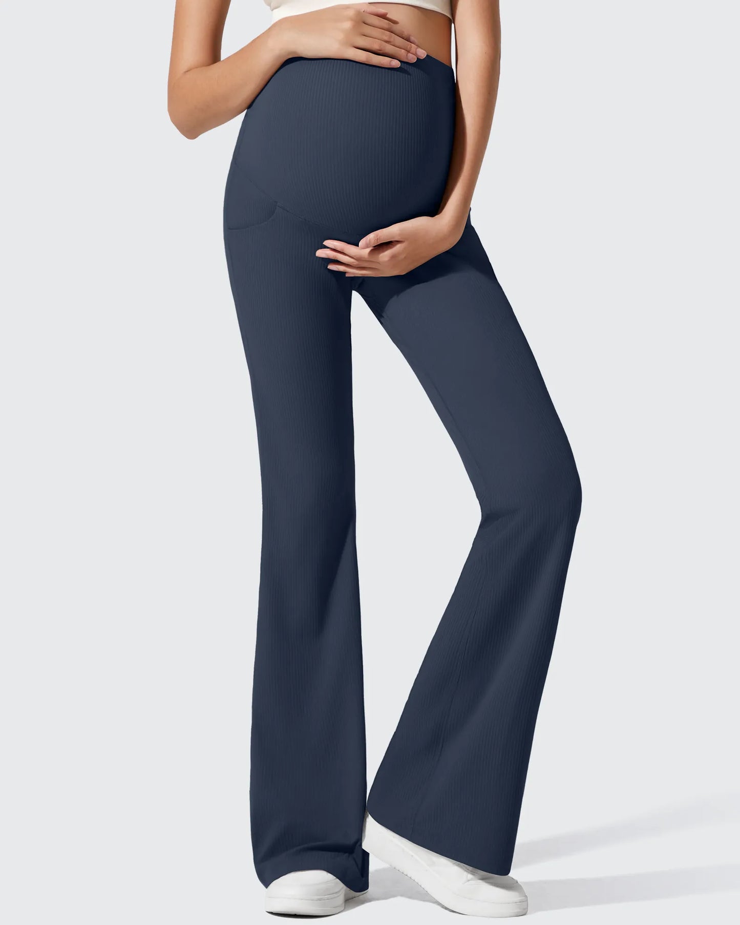 Pantalones Acanalados de Yoga Acampanados para Embarazadas con Bolsillos