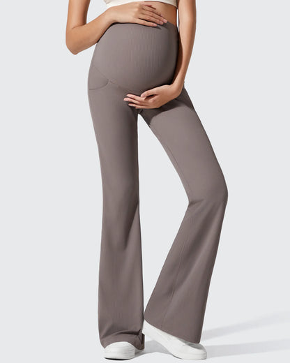 Pantalones Acanalados de Yoga Acampanados para Embarazadas con Bolsillos