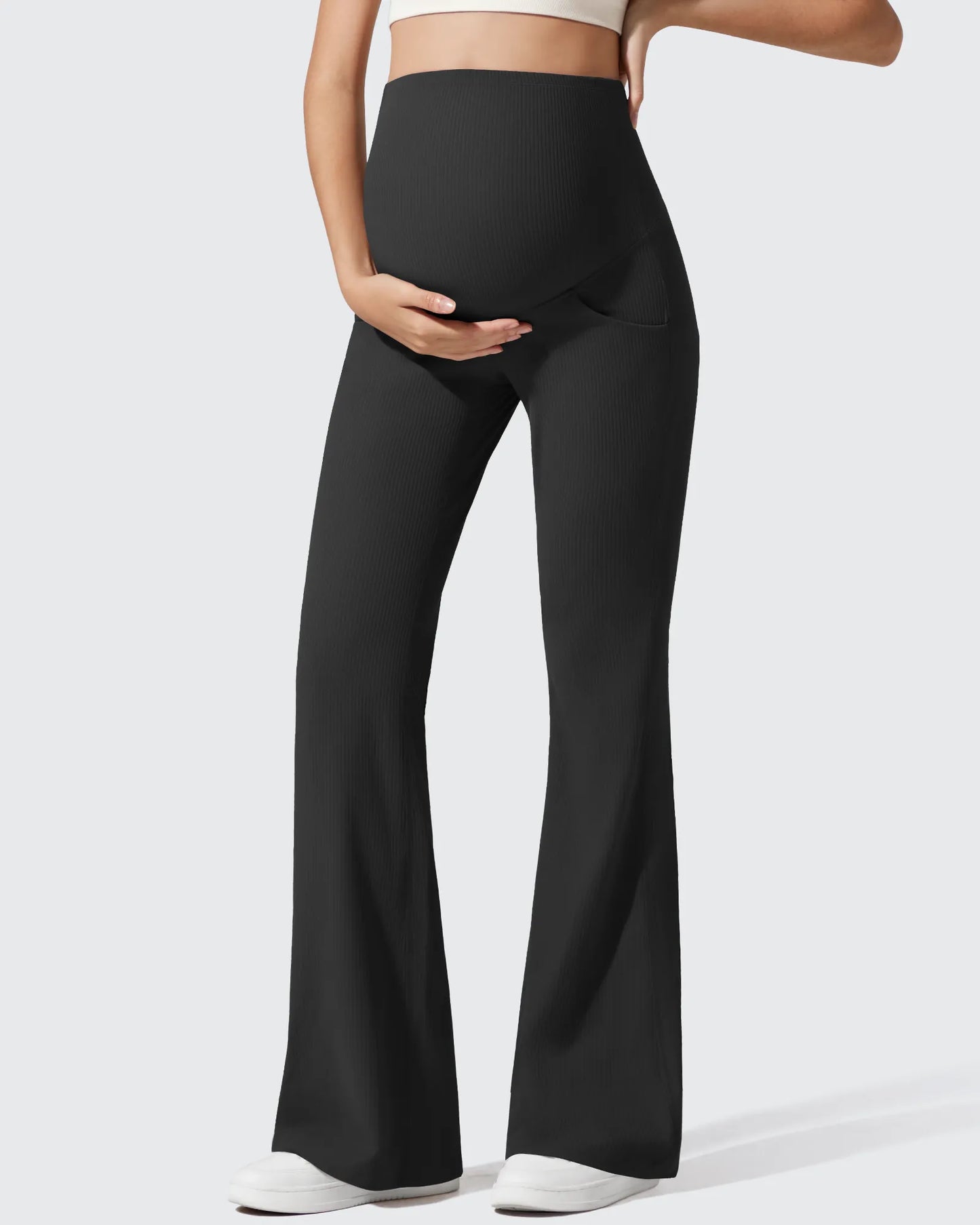Pantalones Acanalados de Yoga Acampanados para Embarazadas con Bolsillos