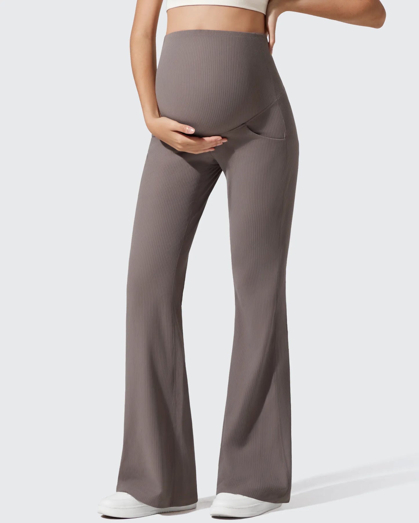 Pantalones Acanalados de Yoga Acampanados para Embarazadas con Bolsillos