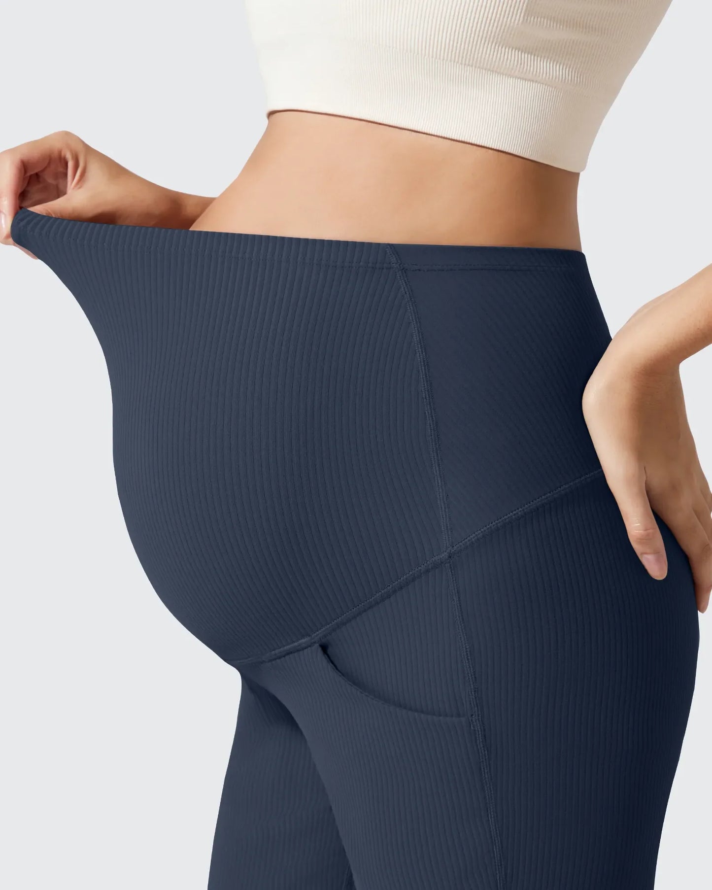 Pantalones Acanalados de Yoga Acampanados para Embarazadas con Bolsillos