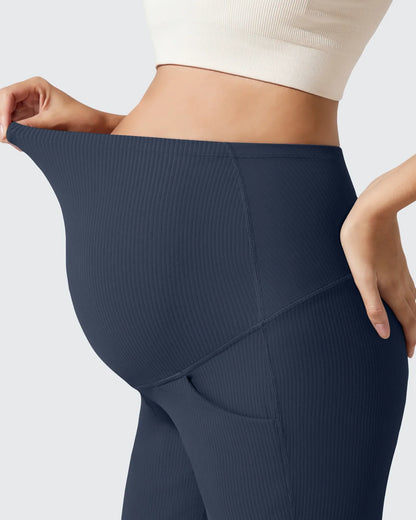 Pantalones Acanalados de Yoga Acampanados para Embarazadas con Bolsillos