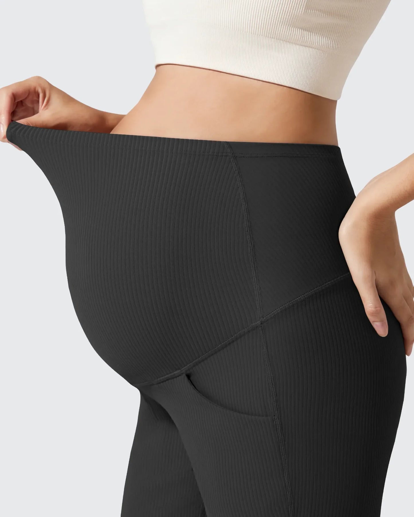 Pantalones Acanalados de Yoga Acampanados para Embarazadas con Bolsillos