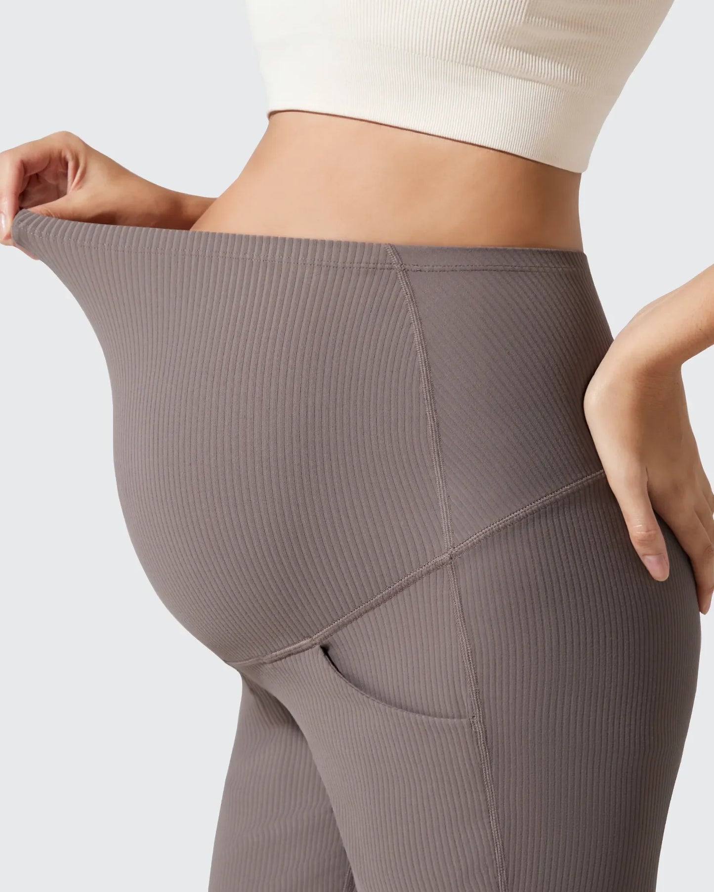Pantalones Acanalados de Yoga Acampanados para Embarazadas con Bolsillos