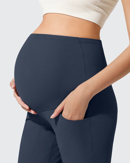 Pantalones Acanalados de Yoga Acampanados para Embarazadas con Bolsillos