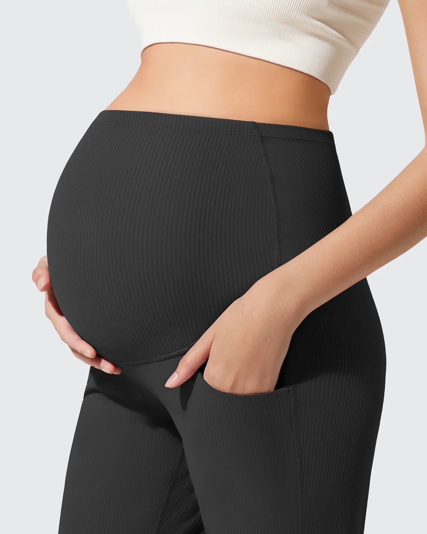 Pantalones Acanalados de Yoga Acampanados para Embarazadas con Bolsillos