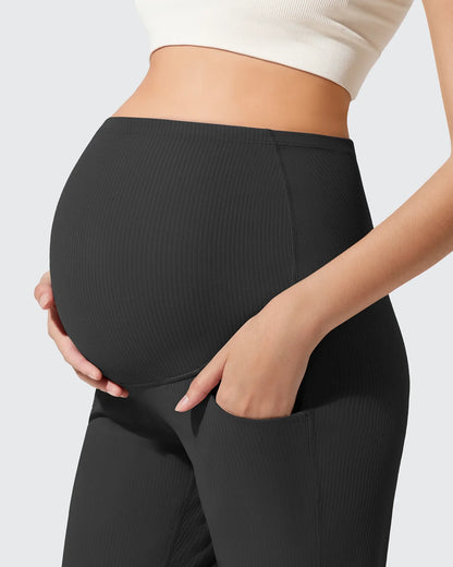 Pantalones Acanalados de Yoga Acampanados para Embarazadas con Bolsillos