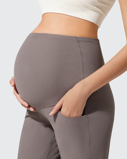 Pantalones Acanalados de Yoga Acampanados para Embarazadas con Bolsillos