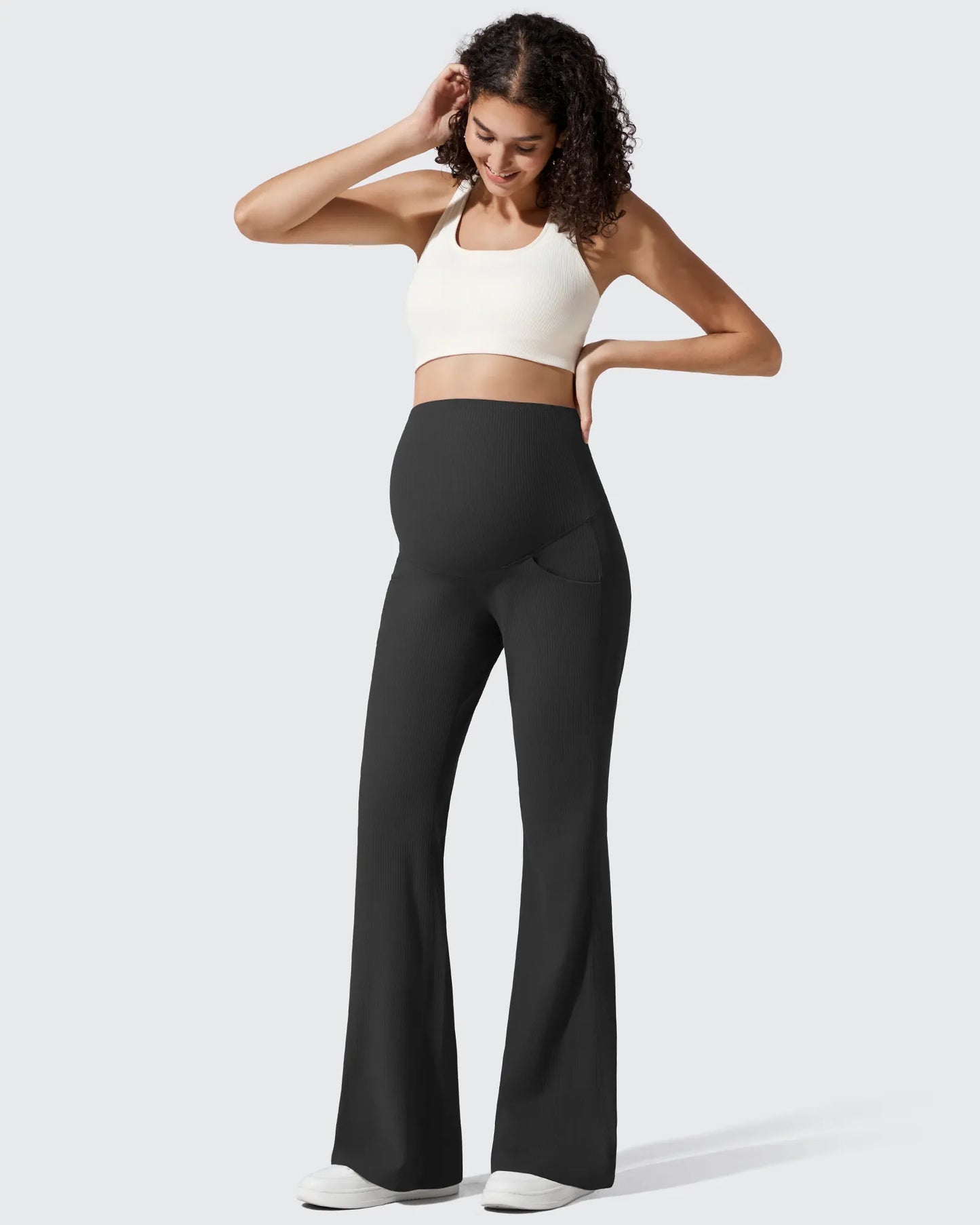 Pantalones Acanalados de Yoga Acampanados para Embarazadas con Bolsillos