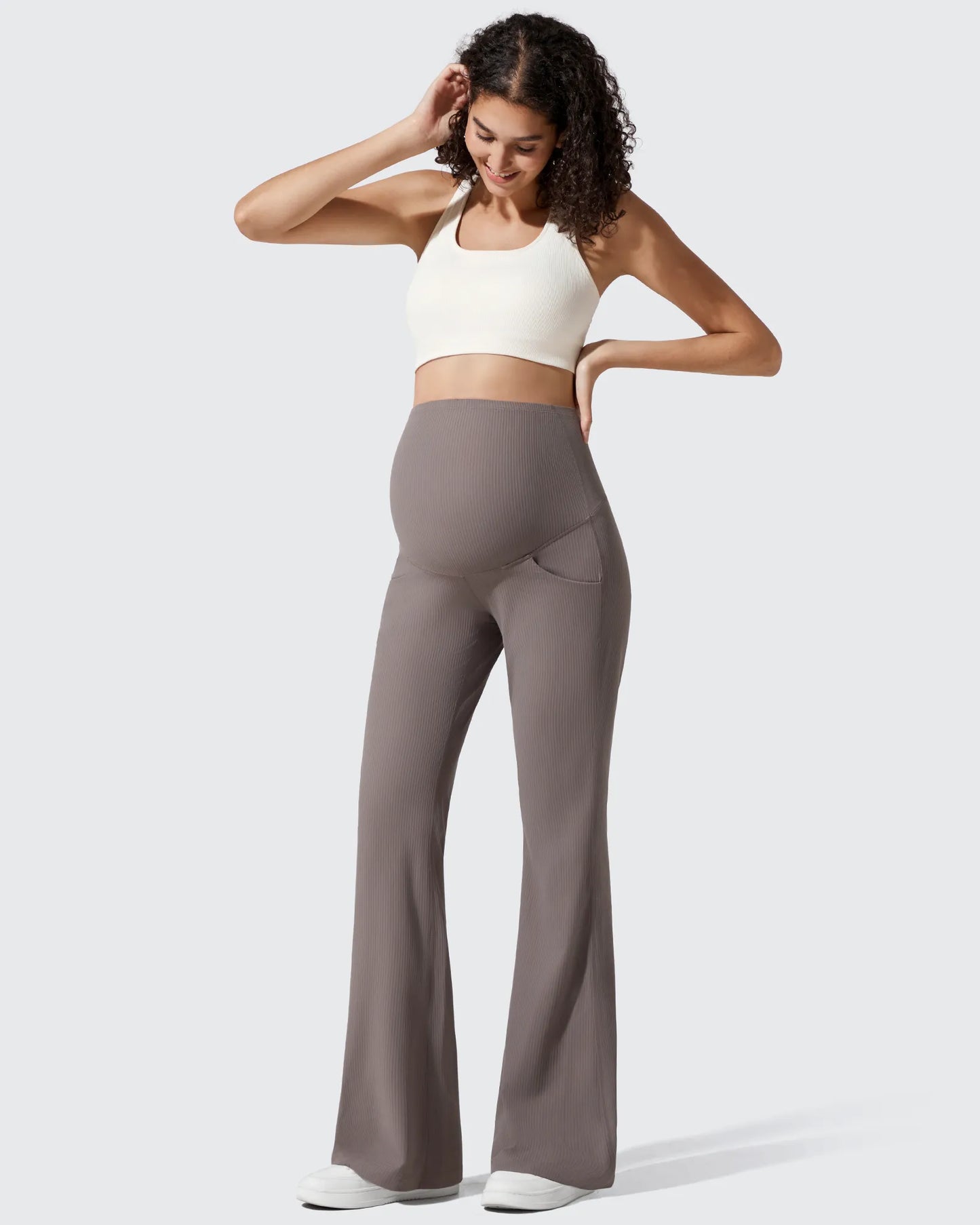 Pantalones Acanalados de Yoga Acampanados para Embarazadas con Bolsillos